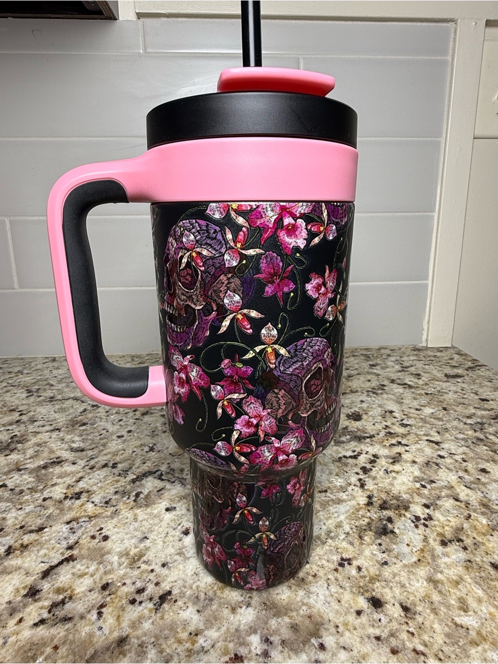 Pink Handle Floral Skull Tumbler 40oz